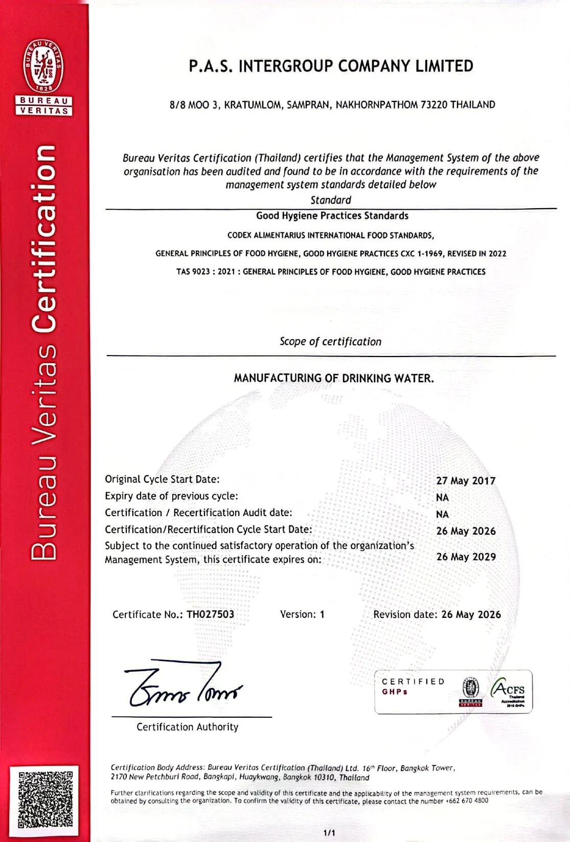 GHPs (หลักเกณฑ์วิธีการที่ดีในการผลิต) — เลขที่ใบรับรอง TH027503 — Bureau Veritas Certification (Thailand)