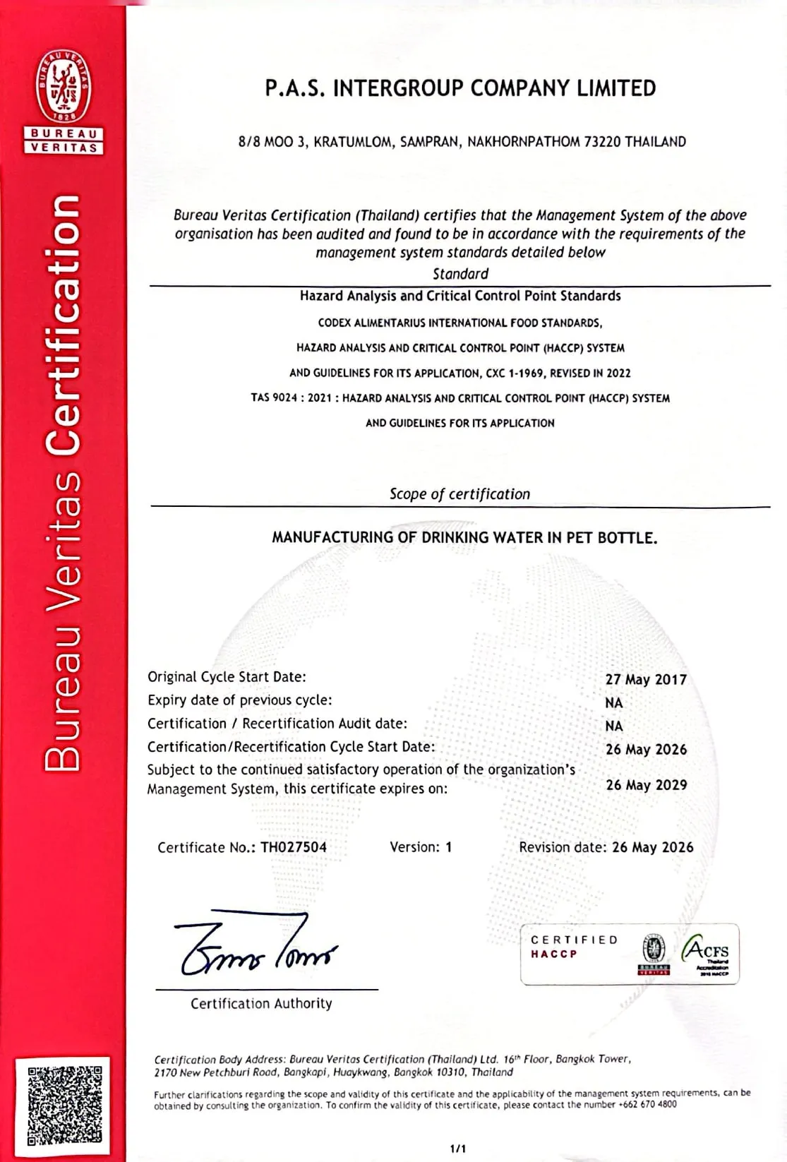 HACCP (การวิเคราะห์อันตรายและจุดวิกฤตที่ต้องควบคุม) — เลขที่ใบรับรอง TH027504 — Bureau Veritas Certification (Thailand)